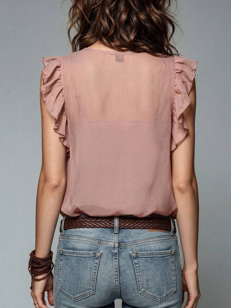 Hotletica French Vintage Vacation Floral Print Ruffle Trim Sleeveless Blouse - Dusty Pink - View 2