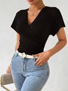 SHEIN Raffinéa Surplice Neck Ruched Side Tee - Black - View 3