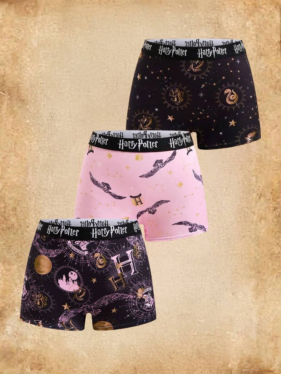 HARRY POTTER X SHEIN Plus Size Colorblock All-Over Print Fashion Boyshorts - Pink - View 1