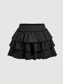 SHEIN MOD 黑色噴漆多層荷葉邊迷你裙褲，返校季、校園派對、夏季迪斯可、Y2K哥德風、萬聖節 - 黑色 - 查看 7