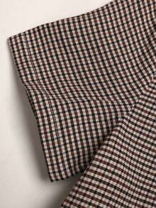 SHEIN Tween女孩休閒拼接配色POLO領修身寬鬆半開襟拼接A字裙擺荷葉邊精緻小Logo刺繡棕色梭織格紋洋裝藍色返校卡其色 - 棕色 - 查看 8