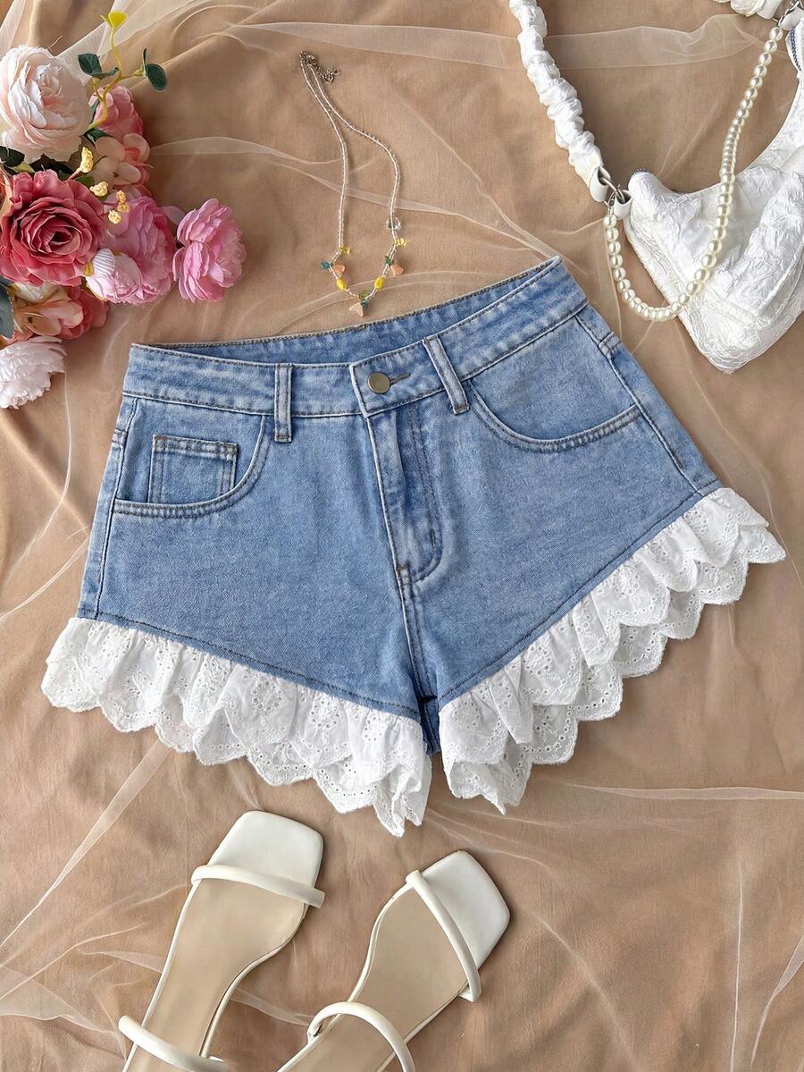 Soleia Women's Hollow Embroidery Pocket Casual Denim Shorts