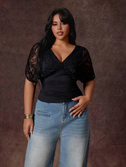 Rustia Black Lace Patchwork Knit Casual Women's T-Shirt