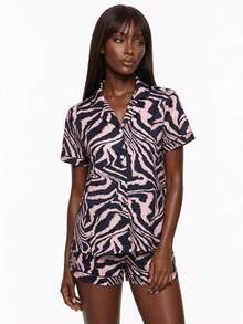 Rest Era Women's White Fast Food Print Button Down Short Sleeve Pajama Set Novelty Slumber Party - Multicolor - View 1