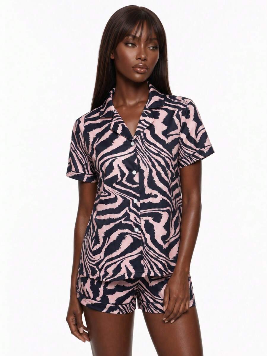 Rest Era Women's White Fast Food Print Button Down Short Sleeve Pajama Set Novelty Slumber Party - Multicolor - View 1