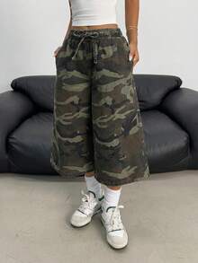 SHEIN 青少年女孩 Y2K 時尚淺色水洗寬鬆彈性抽繩腰牛仔寬腿短褲，波希米亞度假風，適合夏季音樂會、節慶、休閒、畢業季 - 軍綠色 - 查看 5