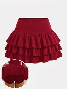 SHEIN Girlism 青少年女孩休閒運動學院風返校穿搭 酒紅色內建內搭褲雙層荷葉邊蛋糕迷你裙 Spsurprise Box [隨機5款，發送1套] - 酒紅色 - 查看 3