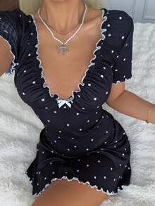 CottageSlumber Camisón de mujer con estampado de lunares acanalados, cuello en V, ribete con volantes y decoración de lazo, manga corta, sexy y adecuado para uso en exteriores, para todas las estaciones - Negro - Ver 7