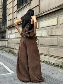 Coolane 棕色編織女款寬腿寬鬆休閒長褲 - 棕色 - 查看 6