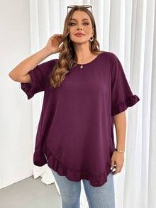 Shapeblank Blusa de talla grande casual de verano con unicolor y ribete de volantes - Rojo violeta - Ver 7