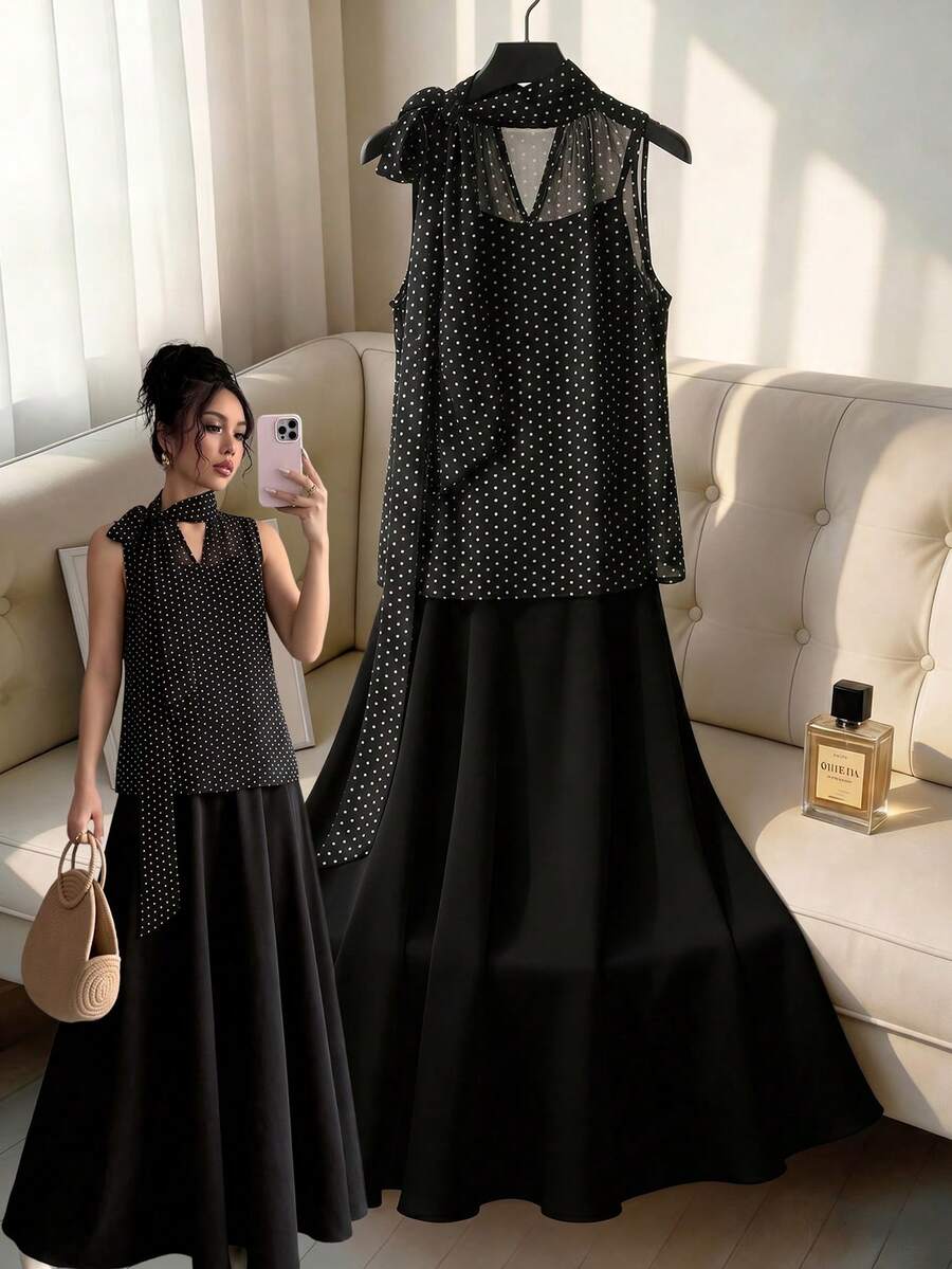 GlowEve CURVE Plus Size Chiffon Sheer Cover-Up Long Solid Color Women's Dress Casual Daily 2-Piece Set - Black - View 1