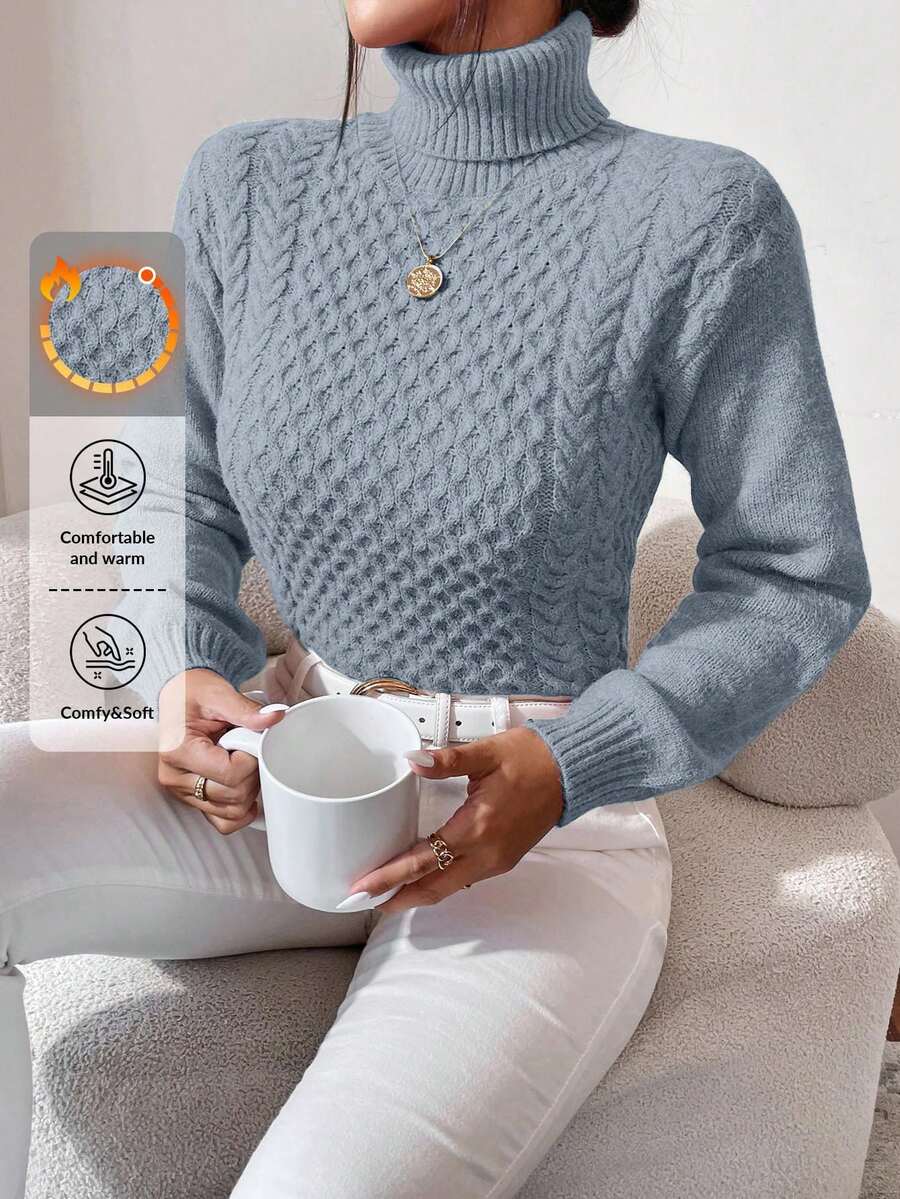EURMUSE Women's High Neck Cable Flower Pattern Sweater Pullover For Autumn/Winter - Baby Blue - View 1
