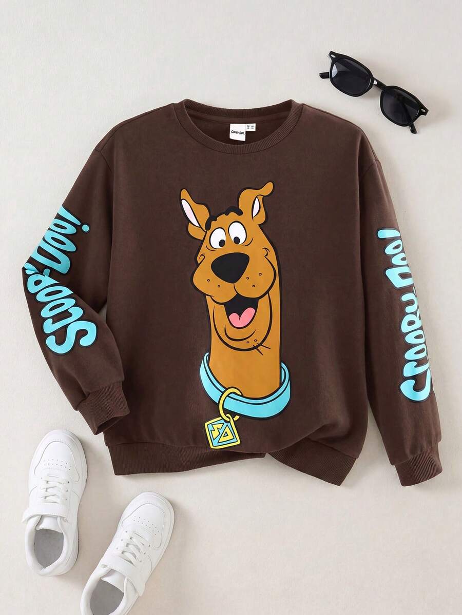 SCOOBY-DOO X SHEIN Tween Boy Cartoon Letter Printed Round Neck Casual Sweatshirt Autumn And Winter - Mocha Brown - View 1