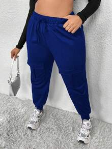 EMERY ROSE Solid Color Drawstring Waist Pocketed Casual Harem Pants Fall Cloth For Women - Royal Blue - View 5