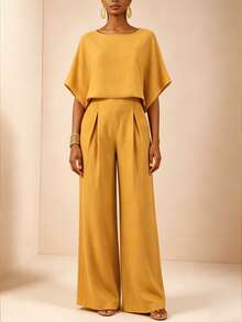 SHEIN Veneréa Women's Solid Color Loose Wide-Leg Pants Set, Summer - Mustard Yellow - View 3