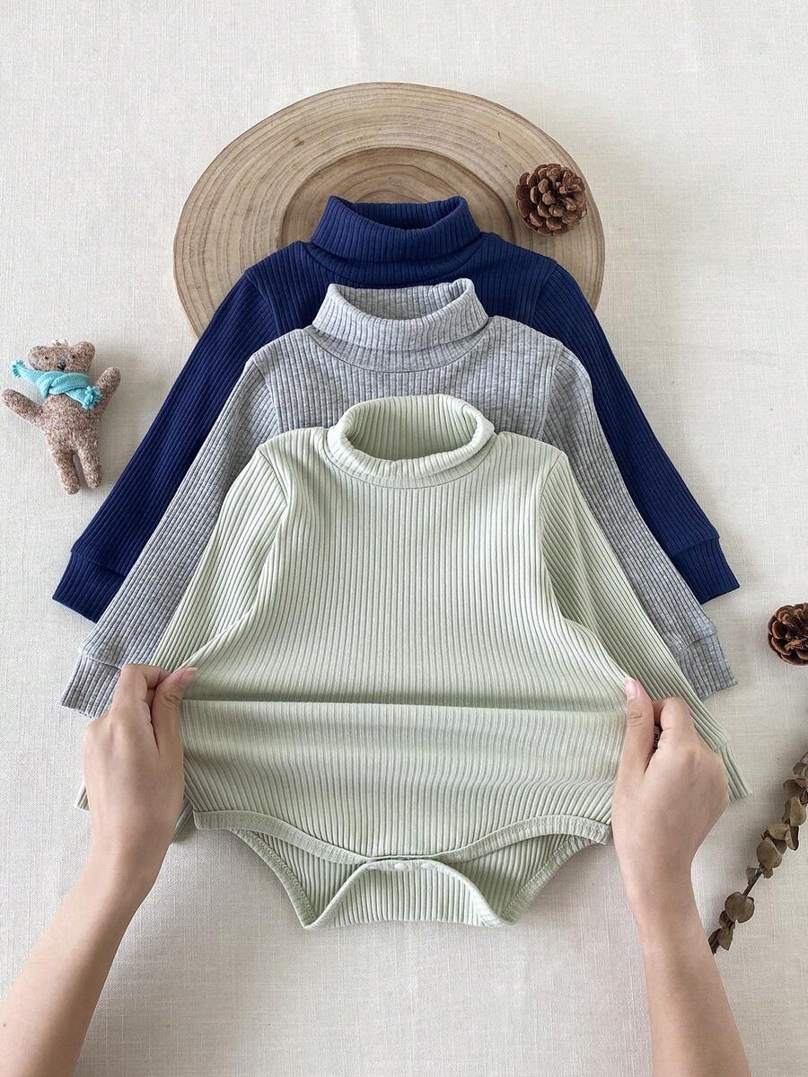 SHEIN 男嬰 0-3 歲 3 件套休閒百搭高領羅紋紋理棉混紡長袖連身衣,適合內搭、外出及秋冬多種場合 - 彩色 - 查看 1
