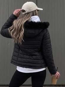 DAZY Women's Solid Color Plush Hooded Zip-Up Casual Daily Winter Padded Coat Fall Jacket - Black - View 7
