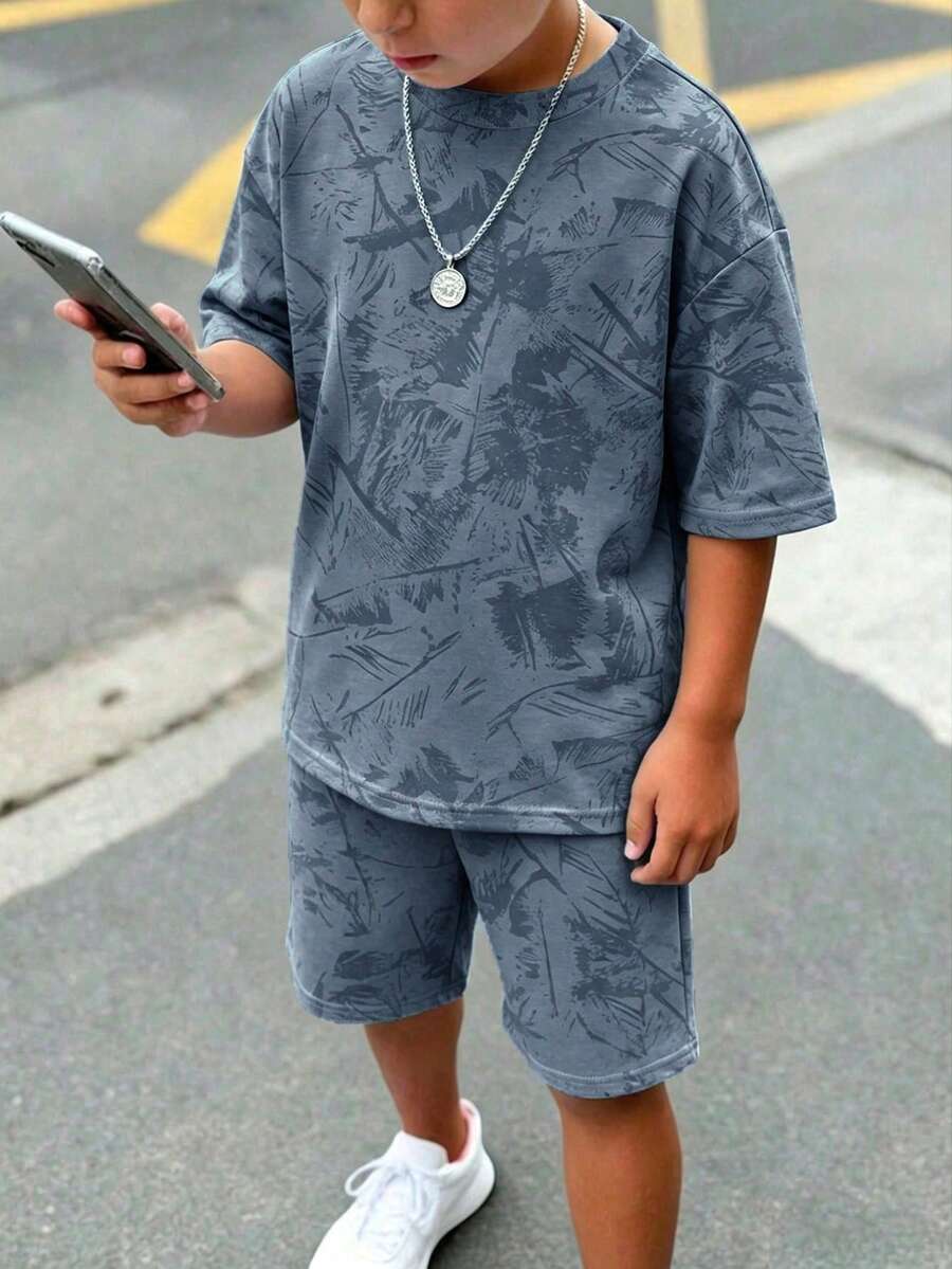 青少年男孩休閒簡約短袖圓領T恤與短褲套裝,適合夏季 - 彩色 - 查看 1