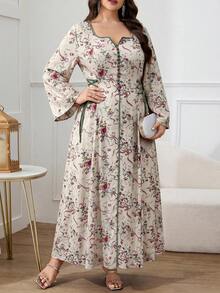 Al Najma 大尺碼女款阿拉伯式花卉印花交叉繫腰洋裝 - 彩色 - 查看 6