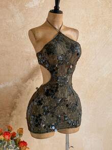 Soleia Women's Sequin Sexy Date Club Night Out Party Mini Halter Dress Green Summer - Army Green - View 8