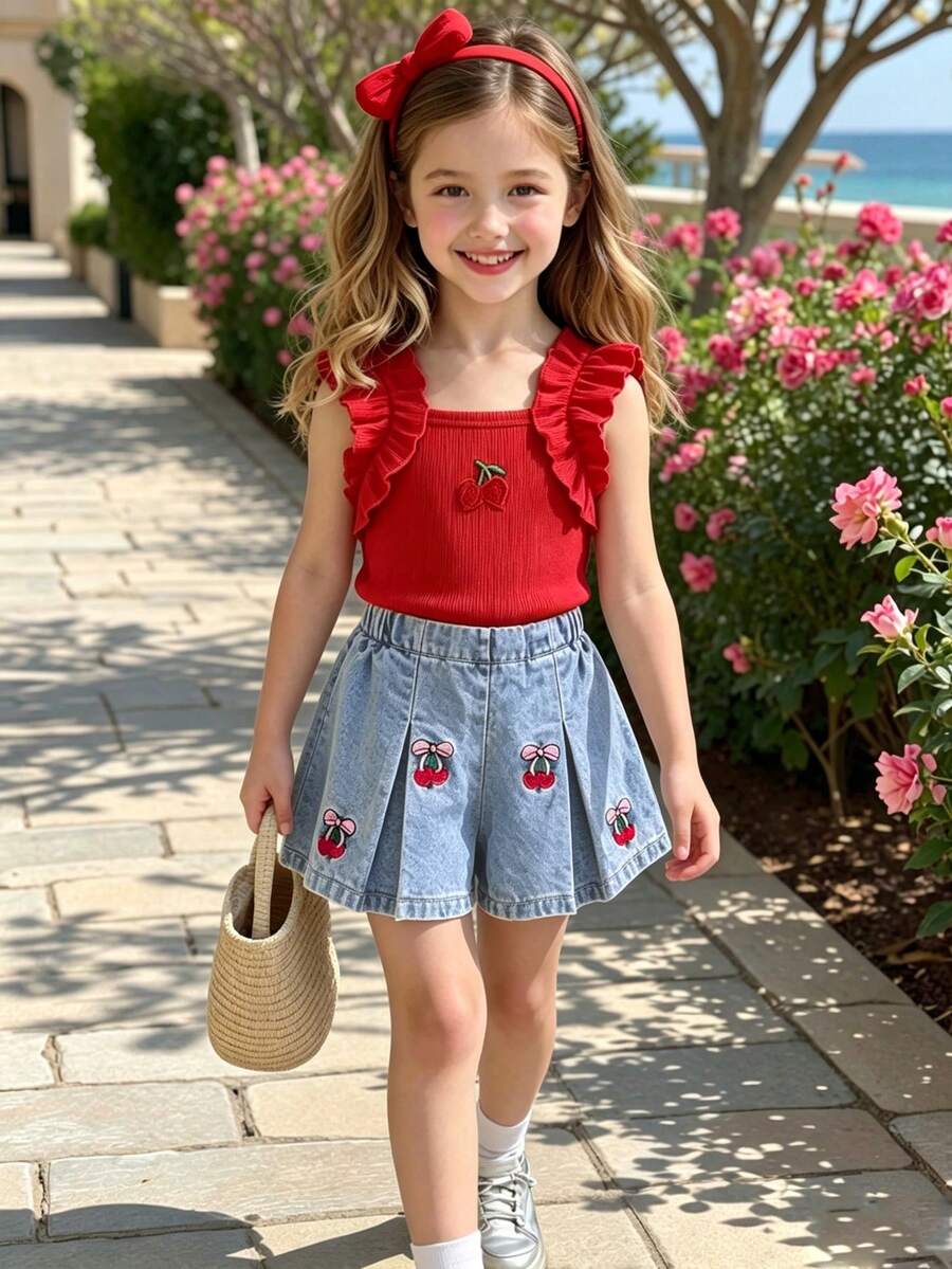 Young Girl Sweet Cherry Embroidery Flutter Sleeve Tank Top & Denim Shorts 2 Pieces Set Back To School Clothes Girls Fall Clothes Holiday Outfits - Red - View 1