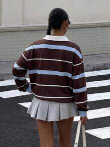 Muchica 休閒極簡學院風拼色白色女款 Polo 領長袖寬鬆衛衣，適合秋冬穿著 - 彩色 - 查看 2