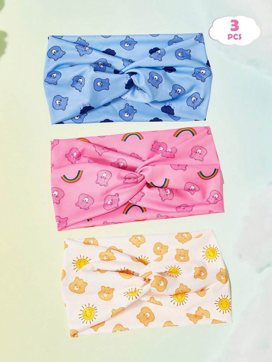 SHEIN X Care Bears 3入組可愛動物印花交叉髮箍,日常洗臉洗澡用多功能髮飾 - 彩色 - 查看 1