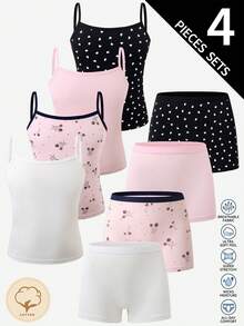 4pcs/Set Girls Toddler Bow & Heart Print Sweet Minimalist Cute Mori Style Soft Basic Camisole & Panty Set, Multi-Color - Multicolor - View 1