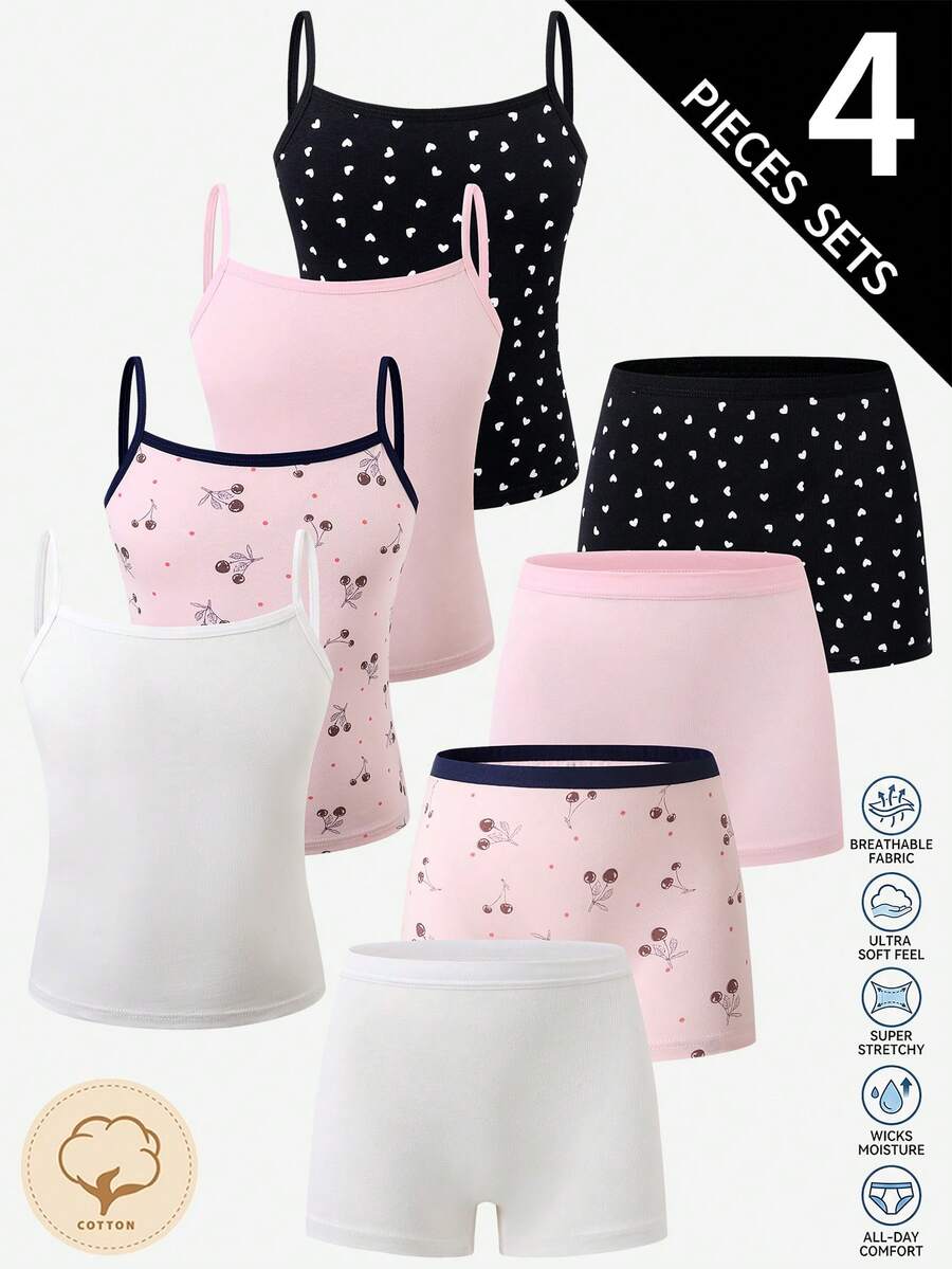 4pcs/Set Girls Toddler Bow & Heart Print Sweet Minimalist Cute Mori Style Soft Basic Camisole & Panty Set, Multi-Color - Multicolor - View 1