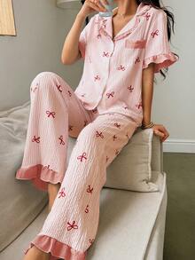Napfluff Women's Blue Striped Bow Print Patchwork Contrast Color Ruffle Collar Short Sleeve Long Pants Pajama Set - Orange - View 5