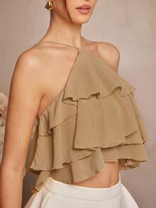 L'Amorae Summer Elegant Solid Color Ruffle Backless Halter Top, Chic, Fall, Autumn - Khaki - View 5