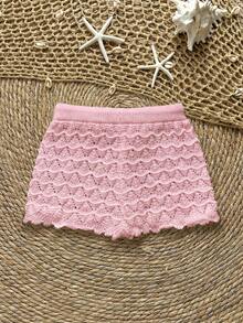 Soleia Knitted Crochet Drawstring Hollow Out Slim Fit Cover-Up Shorts - Pink - View 2