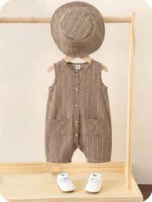 SHEIN 2pcs Baby Boy/Girl Summer Colorful Striped Sleeveless Romper Shorts Set With Bucket Hat, Casual Vacation Outfit - Khaki - View 6