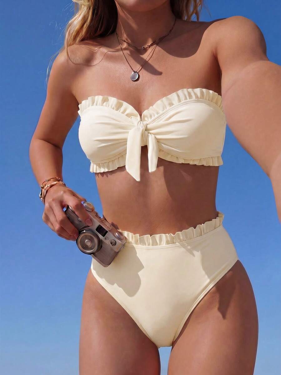 Swim Mod 女款度假風綁帶荷葉邊平口上衣與三角比基尼泳褲泳裝套裝 - 杏色 - 查看 1