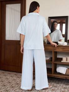 Doze Lane Minimalist Casual Blue & White Striped Collared Short Sleeve Long Pants Women Plus Size Pajama Set - Multicolor - View 2