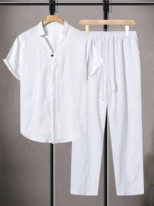 Manfinity CasualCool Men's Plus Size Solid Color Short Sleeve Shirt And Pants Casual Set - White - View 3