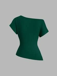 Sweetra Women's Spring/Summer Elegant Casual Commute Asymmetric Shoulder Ruched Waist Asymmetrical Hem Slit Short Sleeve Top & Comfortable Versatile Pleated Hem Long Skirt 2-Piece Set - Dark Green - View 4