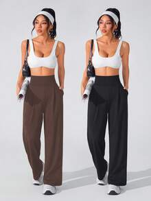 SHEIN Velisys 女款純色高腰口袋休閒日常旅行運動長褲 2件/包 - 彩色 - 查看 4