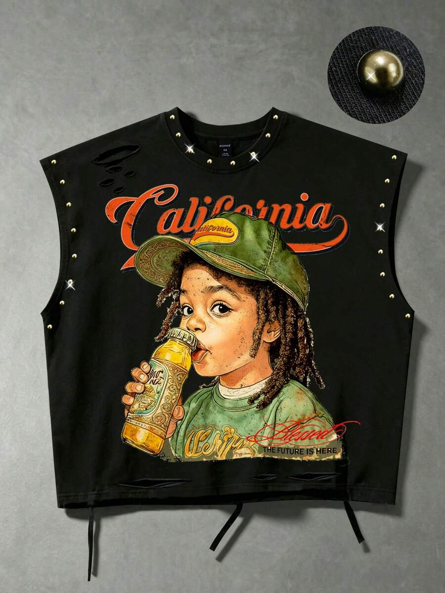 ROMWE MEN Casual Fashion New Men's Character Print Heavy Work Streetwear Style Tank Top Suitable For Daily Wear - Black - View 1