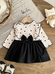 Girls' 2-Piece Style Heart Print Dress Fall Light Pink Ribbed Fabric With All-Over Little Black Hearts Ruffle Collar And Flutter Sleeves With Black Tr - Apricot - View 5