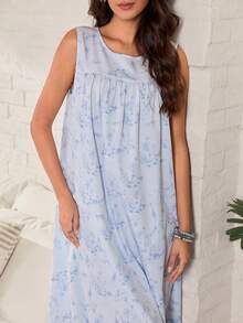 Serenescape Printed Sleeveless Nightgown, Simple Loose Casual Long Dress For Home - Blue - View 5