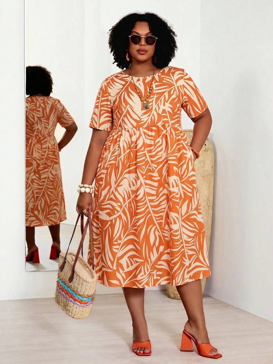 BrightlyHer Plus Size Women's Tropical Leaf Print Round Neck Short Sleeve Button A-Line Midi Dress Casual Beach Going Out Fall Fashion 2026 - Yellow - View 1