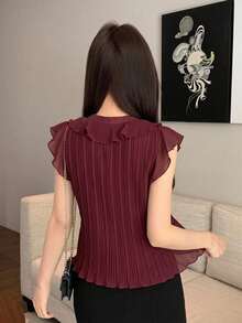 Joudiya Women's Red Short Sleeve Blouse With Ruffle Patchwork And Tie Detail, Elegant Fashion Shirt For Summer Wedding, Banquet, Party, Commute And Evening Wear - Red Violet - View 3