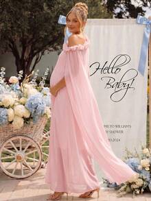 Loomaby Maternity Sweet Fashion Asymmetrical Shoulder Lace Patchwork Ribbon Dress Fall - Pink - View 2