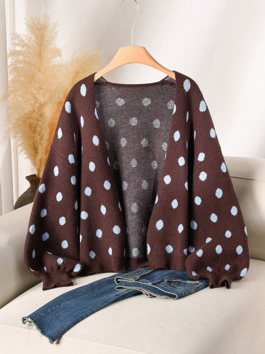 CosyJoli Plus Size Elegant 1920 Vintage French Polka Dot Contrast Color Cardigan Autumn/Winter Knit Sweater Jacket Women Formal Office Home Wear Brown