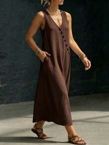 Linhara CURVE Plus-Size Women's V-Neck Sleeveless Long A-Line Dress Made Of 100 Cotton, Suitable For Holiday Casual, Bohemian, Daily Wear, Beach Formal Vacation - Brown - View 4