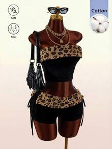 Amplova Women's Patchwork Black And White Leopard Print Print Cropped Tube Top Mini Shorts 2pcs Set Club Night Summer Sexy - Black - View 2