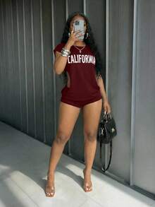 Slaydiva Women's Black Loose Round Neck Sleeveless Letter Pattern Tight Short Jumpsuit,White,Summer,Streetwear,Night Out,Casual Party Club Vacation Wear - Burgundy - View 2