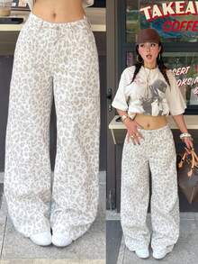 Coolane 女款春夏街頭風 Y2K 休閒外出印花豹紋復古水洗棉寬鬆寬腿牛仔長褲 - 卡其色 - 查看 6