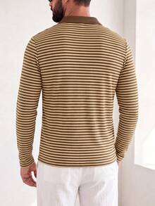 Manfinity Dauomo Brown Beige Striped Ribbed Long Sleeve Polo, Minimal Casual Style, Spring Autumn, Daily Commute, Dat Vacation Airport - Multicolor - View 3